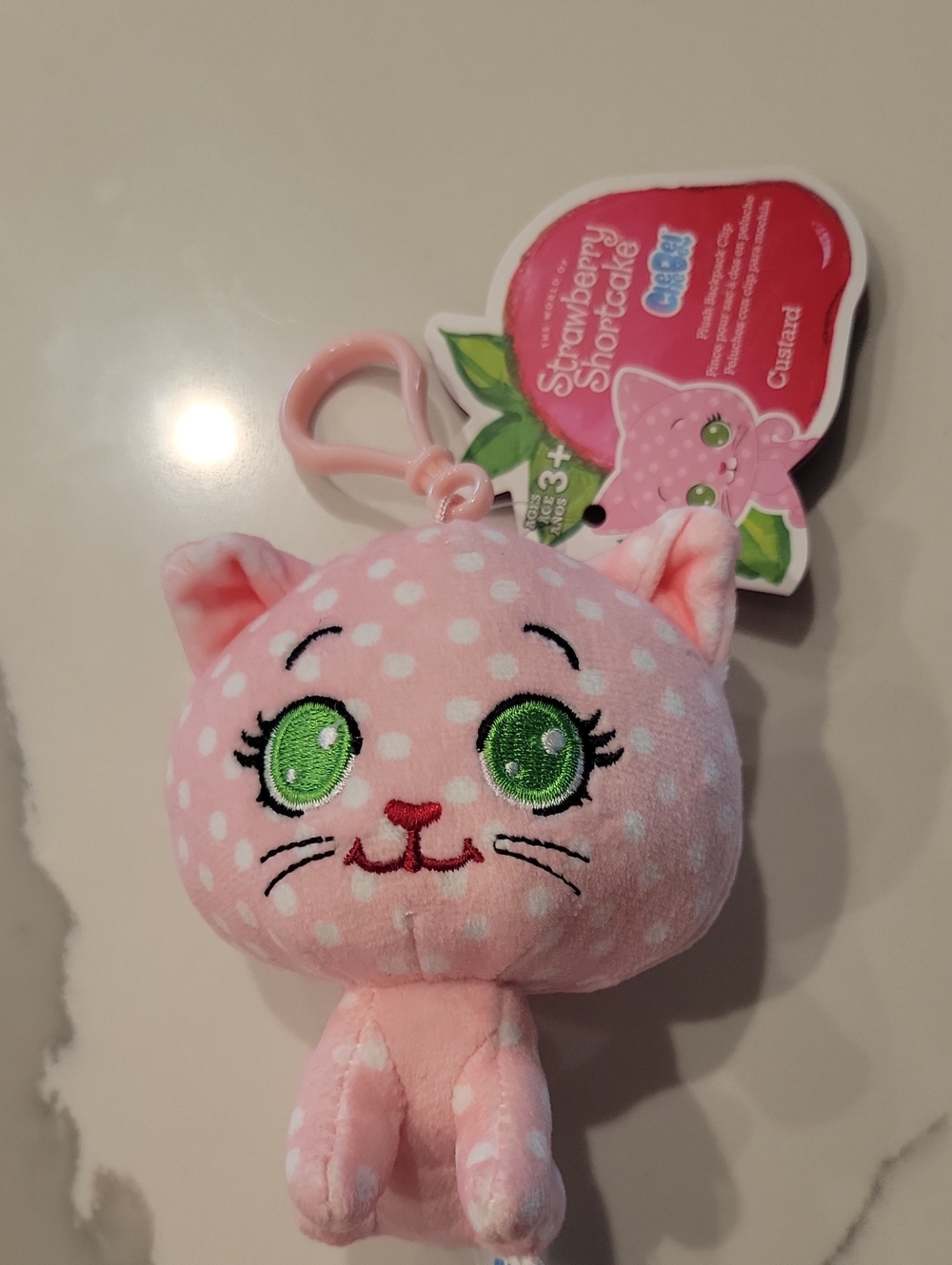 Abrand Pink Polka Dot Cat Plush Keychain with Green Eyes